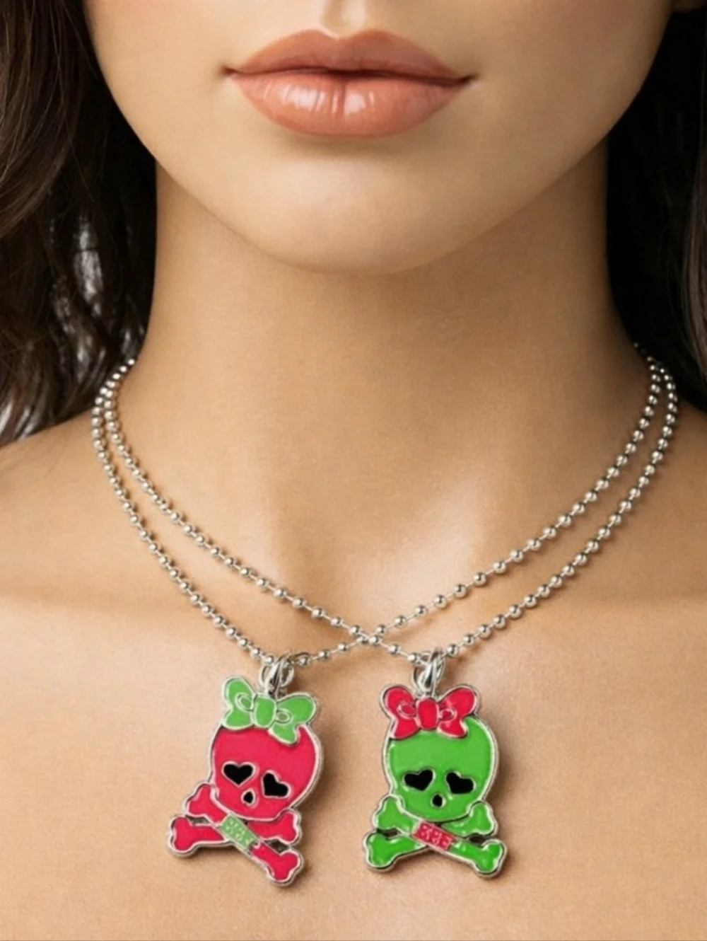 Xhilaration Silver Skull Charm Necklace Set Of 2 - Pink & Green Matching Jewelry